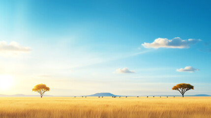 Grassland eco system, roaming wildlife in open savannas, 3D illustration