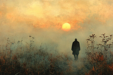 A man walks through a field of tall grass at sunset