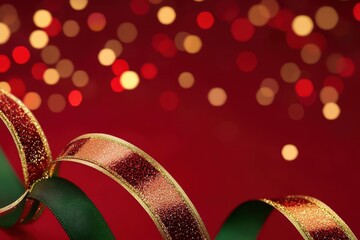 3d render x-mas gold ribbon swirling around red and green holiday decor, glowing stars, Christmas backdrop