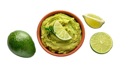 Wall Mural - delicious guacamole with lime in wooden bowl, isolated on transparent background, flat lay png