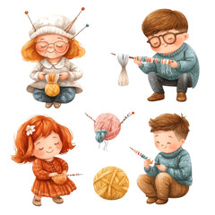 Wall Mural - Watercolor character set knitting enthusiasts. a grandmother with glasses and knitting needles in her hair, a hipster guy knitting a little redhead girl playing with yarn ball. PNG