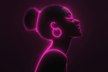 Neon silhouette of a woman with glowing pink headphones symbolizing digital creativity sound immersion and modern audio technology