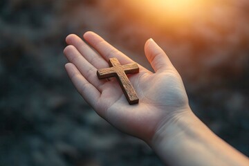 Wall Mural - Woman's hand with cross .Concept of hope, faith, christianity, religion, church online. generative ai