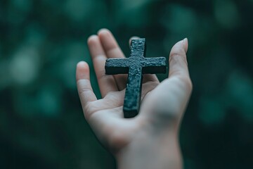 Wall Mural - Woman's hand with cross .Concept of hope, faith, christianity, religion, church online. generative ai