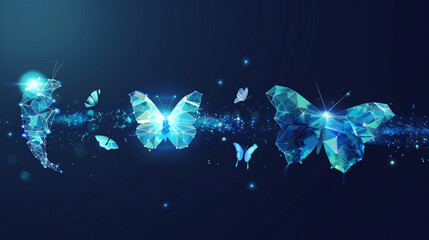 Transformation of geometric shapes into a butterfly, symbolizing evolution and change in a digital world