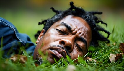 Serene close-up of an African-American man peacefully sleeping on lush green grass