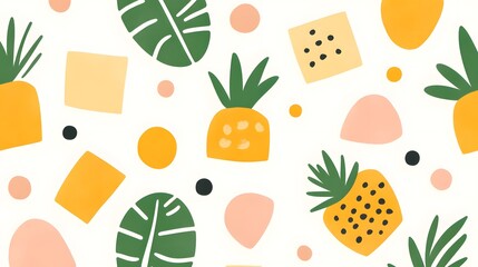 Abstract Tropical Fruit Pattern with Pineapples and Leaves