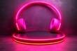 © Leo - Neon pink headphones displayed on a glowing round platform symbolizing modern audio technology sound clarity and futuristic design in a dark environment