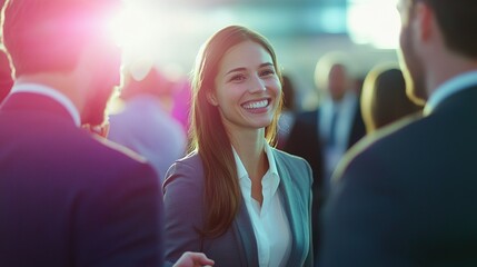 Canvas Print - A smiling woman engages in a professional handshake at a networking event, surrounded by blurred colleagues, with bright light accentuating the atmosphere.