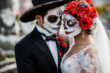 A bridal couple with typical Mexican make up and costumes at the cemetery. generative ai