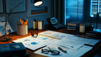 Organized Desk of Financial Planning with graphs and data