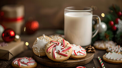 Christmas themed Cookies with a glass of milk, food photography 