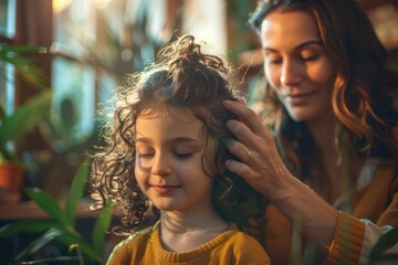 A woman is combing a child's hair