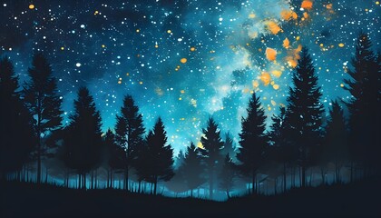 Wall Mural - Starry Night Sky with Silhouette Forest Shadows in Abstract Art Generation