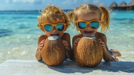 Cute boy and girl in sunglasses drinking coconut water on a beach background