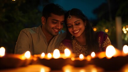 A couple smiling as they light a diya, with the soft glow of Diwali lights in the background.