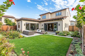 Beautiful home exterior with green grass and flower garden near the patio area in front of the house, outdoor landscaping with a backyard and fence