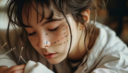 Close-up of girl undergoing acupuncture treatment with focused expression