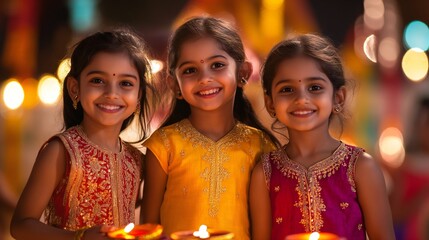 Children showing off their new clothes, with a blurred background of Diwali decorations.