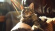 © ENJOINZ - Visualize a cute cat sitting in a sunbeam, purring contentedly, with a relaxed posture and an affectionate gaze towards the viewer.