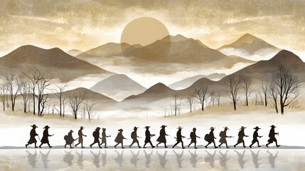 Wall Mural - Silhouettes of People Walking in a Mountain Landscape