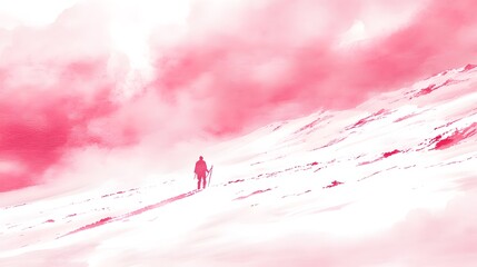 Wall Mural - Pink Watercolor Mountains with Silhouette of a Man