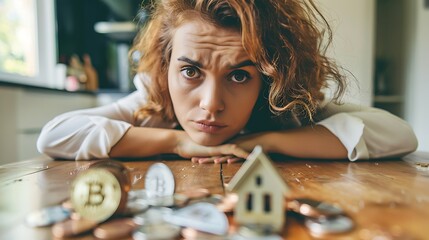 Wall Mural - distraught businesswoman shows house and coins