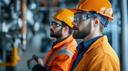 Two engineers in orange safety jackets and helmets working in an industrial facility, focused on machinery inspection.