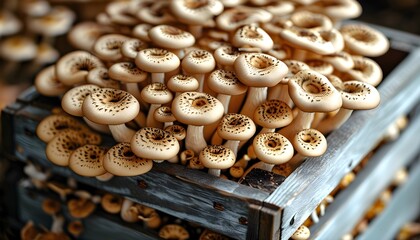 Abundant mushrooms nestled in a rustic wooden box, capturing the essence of harvest season and celebrating organic farming concepts