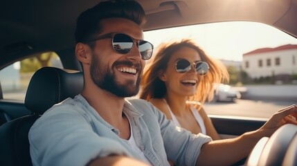 A joyous couple, both wearing sunglasses, enjoy test-driving a car on a sunny day, showcasing the fun of car rental or leasing.