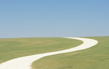 Wall Mural - Serene Winding Path through Lush Green Field under Clear Blue Sky