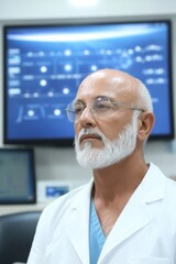 Aufkleber - Elderly Male Health Expert in White Coat Analyzing Data on High-Tech Screen in Medical Setting
