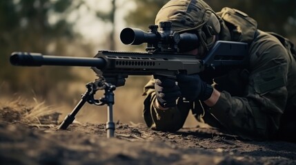 A military sniper lies prone on the ground, perfectly camouflaged, with intense focus and precision in his stance, ready to execute his mission.