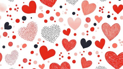 Canvas Print - A vibrant geometric pattern features red and pink hearts adorned with circles, perfect for a romantic backdrop.