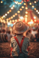 Poster - A young girl wearing a straw hat and red overalls sits in the grass