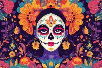 Wall Mural - Bold Dia de Muertos poster with vibrant colors and intricate designs.