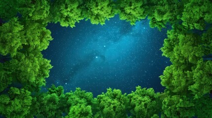 Wall Mural - Explore the captivating night sky of the rainforest with a milky waylike nebula, set against a backdrop of lush jungle and tree canopy.