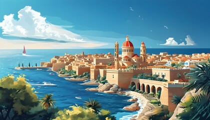 Vibrant Cultural Mosaic of a Historic Mediterranean Coastal City in a World Travel Illustration