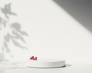 Aufkleber - Minimalist White Podium with Red Tomatoes on Light Gray Background and Gentle Shadows