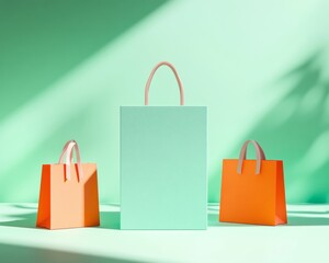 Aufkleber - Modern Minimalist Mockup with Teal and Orange Shopping Bags on Vibrant Green Background - Perfect for Sale-Themed Designs