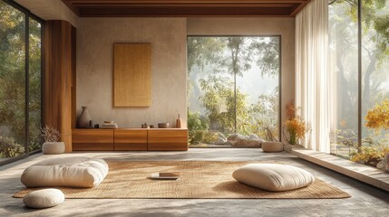 Wall Mural - Serene interior with natural light and minimalist decor.