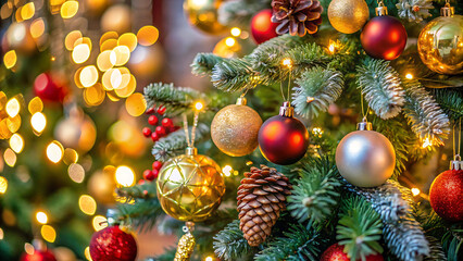 Beautiful festive decorations on the Christmas tree. Close-up. Beautiful Christmas background. The concept of decorations and decor for the new year. New Year's Card 2025