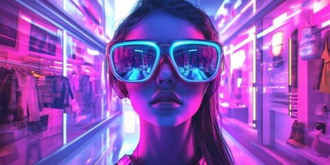 A woman wearing sunglasses is standing in a brightly lit room with neon lights