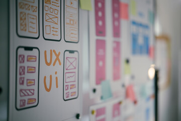 Whiteboard is showing different wireframes of a mobile application, suggesting a team is working on the design of a user interface
