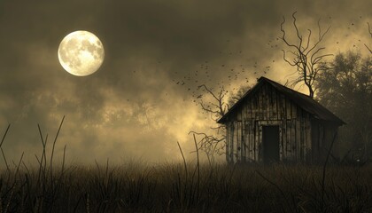 Lonely Cabin Under a Full Moon