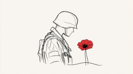 Poster - A soldier is standing in front of a red poppy