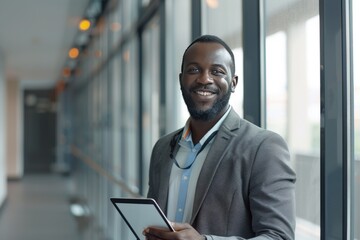 A man wearing a suit and glasses is holding a tablet in his hand generative ai