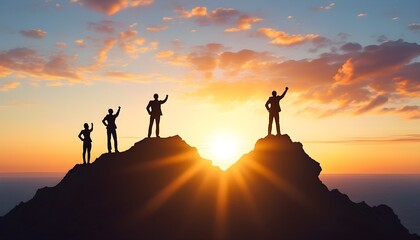 Triumphant business team silhouetted against a stunning sunset, celebrating achievement and teamwork at the pinnacle of success