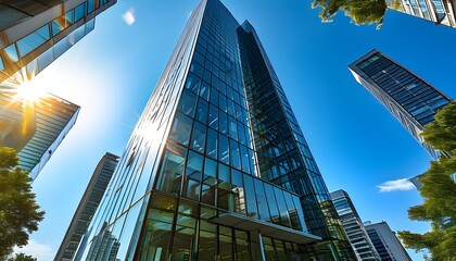 Modern city skyline with towering glass skyscrapers under a bright blue sky on a sunny day