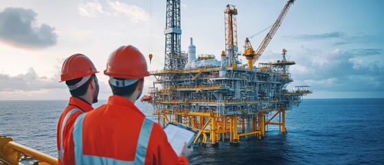 Industrial engineers inspecting the intricate structure of an oil rig under construction in the middle of the ocean